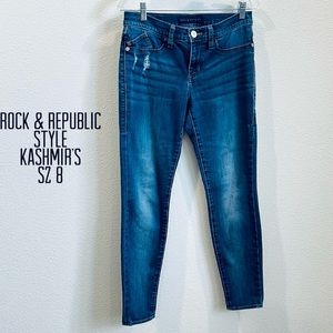 Rock & Republic women med Blue skinny distress Jeans mid rise, Kashmiere, Sz 8